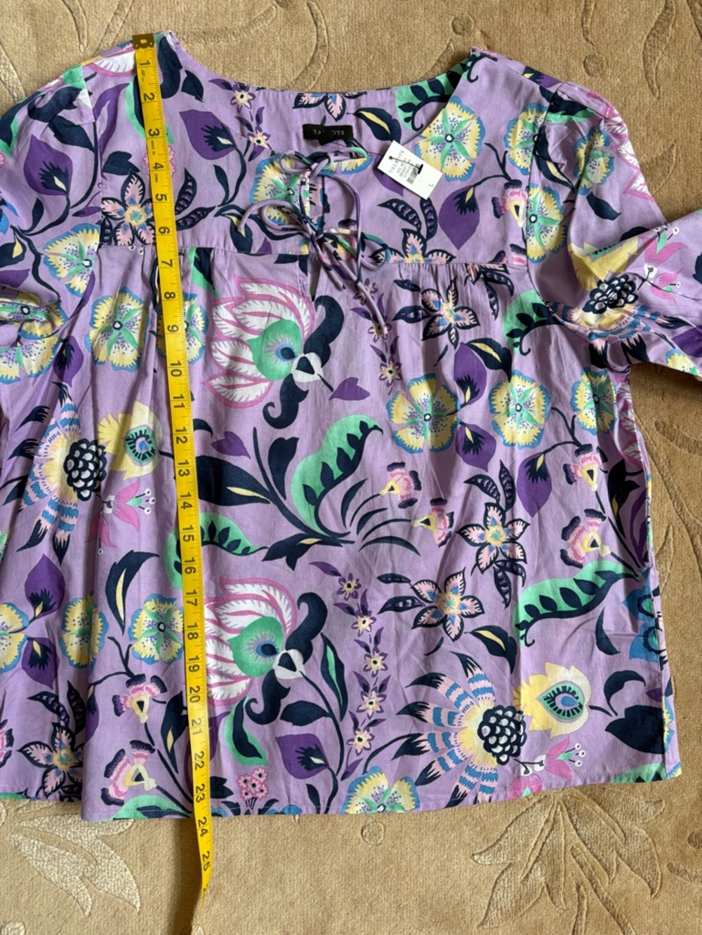 NWT, Talbots Cotton Short Sleeve Tie Front Top, Lavender Jacobean Floral, Size L - Picture 13 of 13